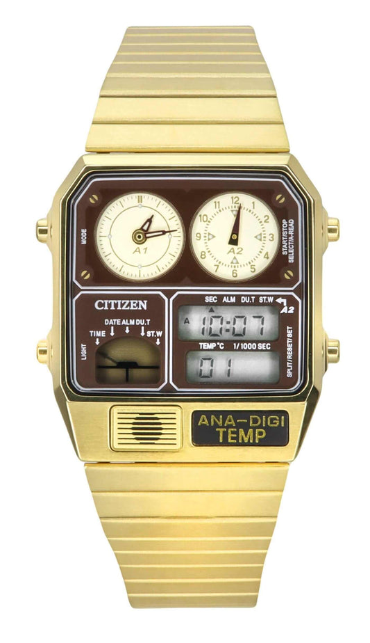 InnateFit Wrist Watch Gold Citizen Reproduction Model Analog Digital Chronograph Gold Tone Stainless Steel Brown Dial Quartz JG2103-72X Men's Watch