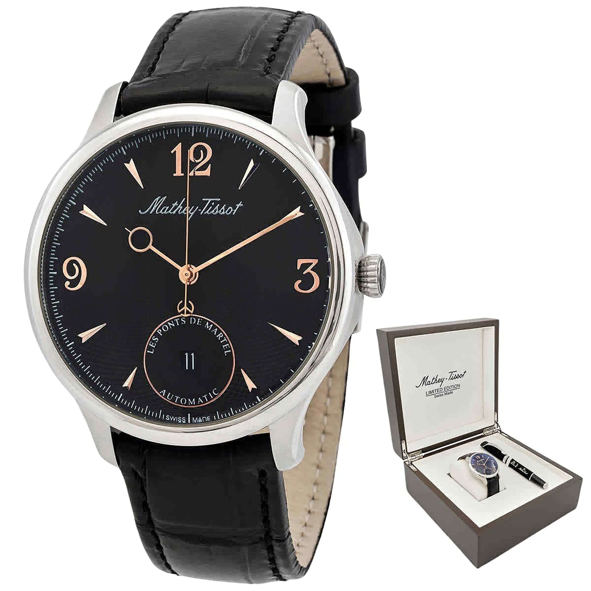 InnateFit Wrist Watch Mathey-Tissot Edmond Limited Edition Leather Strap Open Heart Black Dial Automatic MC1886CNA Men's Watch With Gift Set 5 South Beechfield Avenue