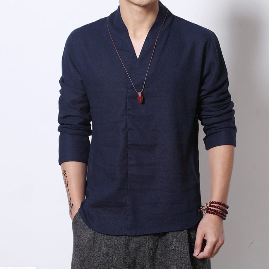 InnateFit 0 Navy / XXL Men's Long-sleeved Shirt Retro Linen Chinese Style CJNSWTXZ00744-Navy-XXL