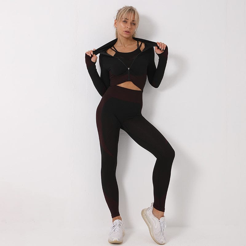 InnateFit 4 Fuchsia black / S 3PCS Yoga Set Seamless Sport Set Women Gym Clothing Leggings Women Crop Top Sports Bra Women Fitness Gym Set Womens Outfits Tracksuit CJTZ1672577-Fuchsia black-S